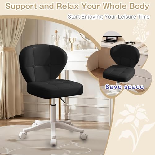 Vanity Chair with Back – Small Armless Office Chair with Wheels, Lumbar Support, PU Leather, Adjustable Height, 360° Swivel for Home, Bedroom, Office Black Set of 1 by Walktory - Image 4