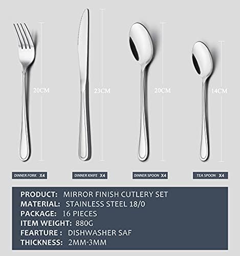 16 Piece Cutlery Set, HaWare Classic Stainless Steel Flatware Silverware Sets with Knife Spoon Fork, Service for 4, Mirror Polish & Dishwasher Safe, Home/Travel/School