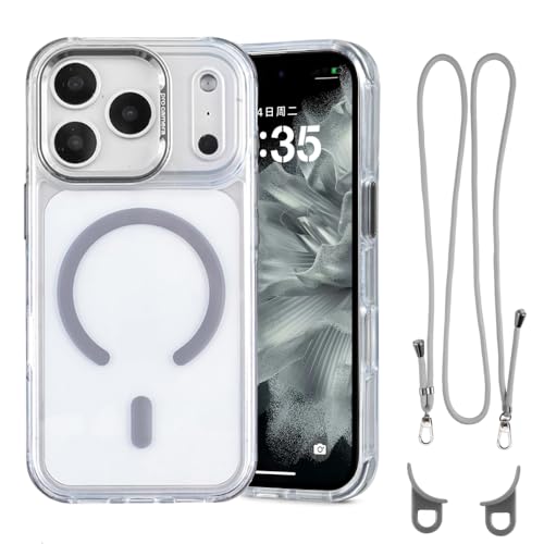 QATYYY for iPhone 17 Pro Case with Adjustable Phone Lanyard, Compatible with MagSafe, Shockproof Military-Grade Protection, Magnetic Phone Case, Classic Clear Gray Hybrid Case, Crossbody Neck Strap by QATYYY - Used condition - US$6.40