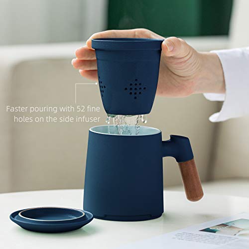 ZENS Tea Mug with Infuser,13.5 Ounce Stoneware Glazed Ceramic Tea Cup with Lid and Rosewood Handle for Steeping Loose Leaf Tea,Navy Blue