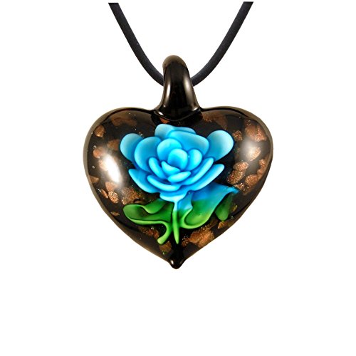 Handmade Murano Inspired Blown Glass Lampwork Art Flower and Heart Necklace Pendant for Women Handcrafted Artisan Hypoallergenic Italian Style Jewelry