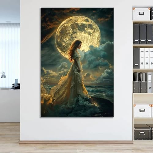 Toile femme et pleine lune mystique XINBAO décoration d'intérieur fantastique grand format 60x105