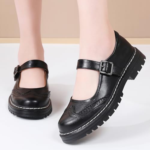 Image of Mary Jane Shoes Women Platform Non-Slip Casual Dress Shoes | Round Toe Ankle Strap Comfort Classics Oxfords Work Mary Jane Office School Shoes
