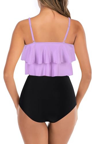 Image of Womens Tankini Swimsuits Ruffled Tank Top Tummy Control Floral Modest Swimwear High Waisted Bikini