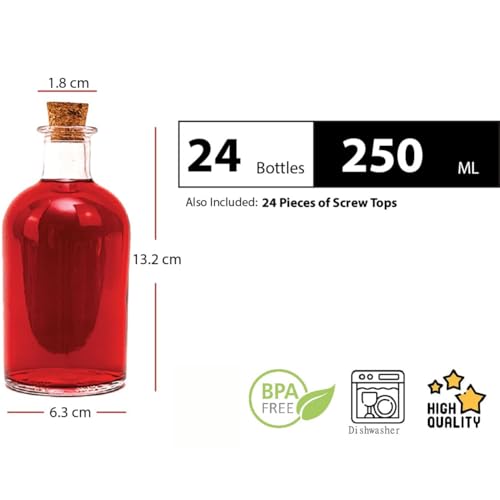 slkfactory 24 Glasflaschen 250ml Leere Likörflaschen 250 ml Apothekerflasche 0,25l mit Spitzkorken zum Befüllen Kleine Glas Flasche Korken Likör Schnaps Öl Essig Geschenk Weihnachten