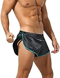 Rexcyril Men's Boxer Jockstrap Sexy Underwear, Silky Satin Split Side Gym Running Active Shorts, Black/Blue, Large
