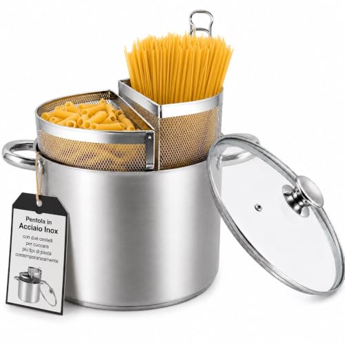 Pentola Spaghettiera Doppio Cestello in Acciaio Inox 18/10 – Triplo Fondo per Induzione e Gas, Cuoci Pasta con Cestelli Separati, Cottura Multipla per Pasta e Verdure (20CM)