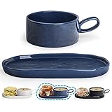 Wareland Soup Bowl with Handle & Salad Plate, Soup and Sandwich Plate Combo, 18oz Soup Mug/Cup for Cereal, Ceramic Pasta Plate for Appetizer, Dessert, Rice, Dishwasher & Microwave Safe, Navy Blue