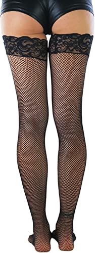 Image of ToBeInStyle Women's Wide Floral Lace Fishnet Thigh Hi Stockings