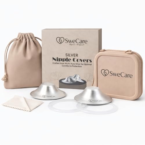 SWECARE Silver Nursing Cups for Breastfeeding Moms – 999 Fine Silver Nipple sheilds with Complete Accessories Set