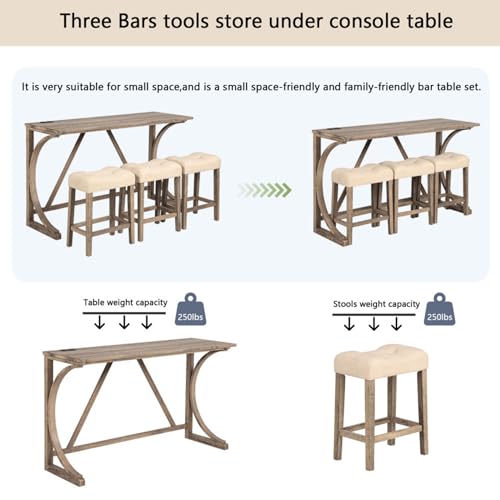 4-Piece Bar Table Set with Built-in Power Outlet and USB Ports,Rustic Faux Wood Grain Bar Table with 3 Upholstered Stools,Space-Saving Counter-Height Dining Set for Kitchens,Dining Rooms (Brown)