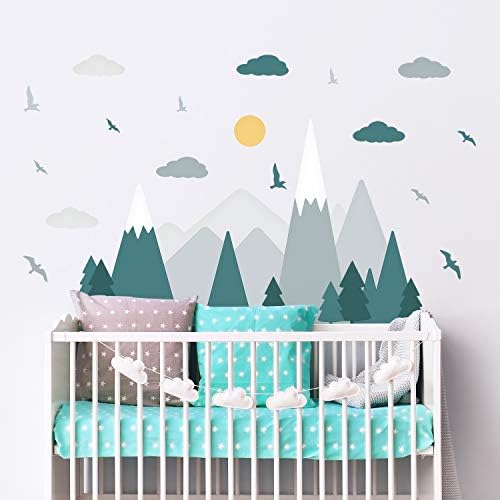 WALPLUS Blue Mountain Landscape Wall Stickers Wall Stickers Nursery Removable Self-Adhesive Mural Art Decals Vinyl Home Decoration DIY Living Bedroom Decor Wallpaper Kids Room Gift Stick on Wall