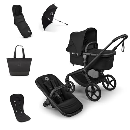 Bugaboo Fox 5 Renew All-Seasons Pushchair Bundle, Includes Winter Footmuff, Seat Liner, Parasol and Changing Bag, Stroller with Easy One-Hand Fold and Manoeuvrability, Heritage Black Fabrics