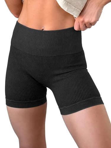 KINLONSAIR Women's High Waist Yoga Workout Impact Shorts Ribbed Seamless Workout Athletic Legging Shorts2
