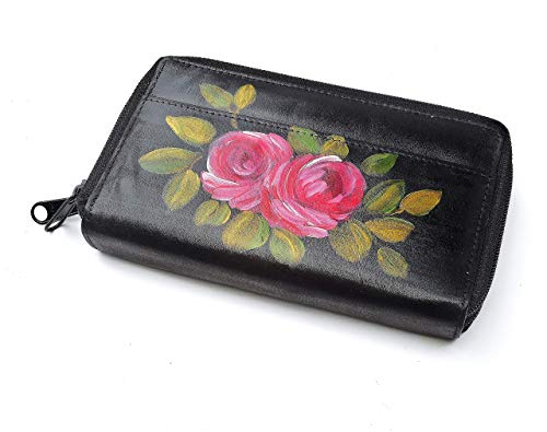Hand Painted Pink Roses Black Leather Double Zipper Checkbook Wallet for Women Handbag Bag Accessories