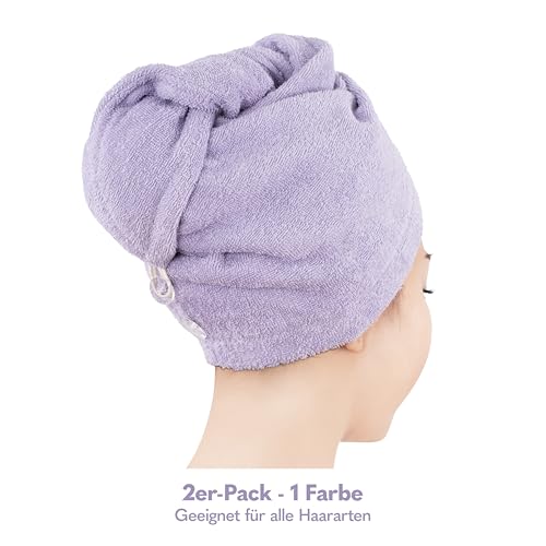 Hammetex Haartuch Damen 2er Set – Haarhandtuch aus 100% Baumwolle – Oeko-TEX Zertifiziert – Weich, Saugstark – Haarturban mit Knopf, Lilac
