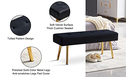 Homedot Black Velvet Ottoman Bench Simple Design Soft Velvet Dining Room Bench Tufted For Kitchen, Upholstered Entryway Bench With Sturdy Metal Legs For Home #TOP3