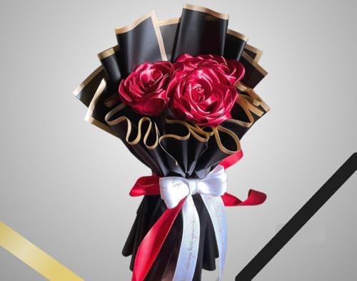 Image of Elegant Artificial Satin Rose Bouquet with Black Wrapping, 3 Pieces, Red and Black