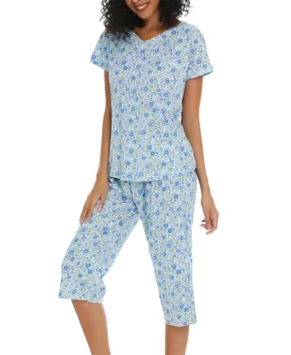 ENJOYNIGHT Womens Pajama Sets Cotton Pj Set Short Sleeve Top With Capri Pants Sleepwear 2 Piece Lounge Set(Large,LG-Flower)