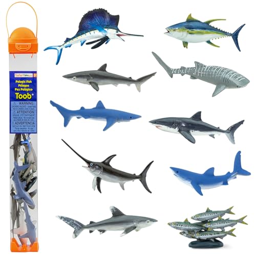 Image of Safari Ltd. Pelagic Fish TOOB - Figurines of Sailfish, Swordfish, Yellowfin Tuna, Sardines, Silky, Whitetip, Great White, Blue, Mako & Whale Shark - Educational Toy Set for Boys, Girls & Kids Ages 3+