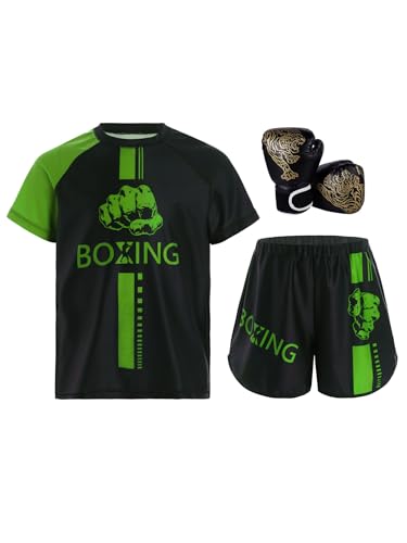 Miutii Survêtement 3 pièces pour enfant garçon - Vêtements de boxe Muay Thai - Short de kickboxing - Short + t-shirt + gants de boxe thaïlandais - MMA -...