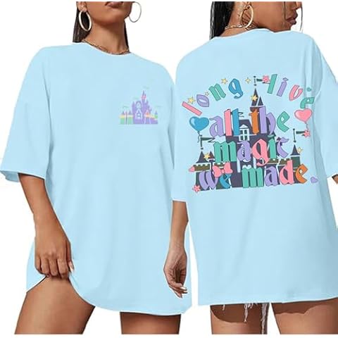 Werbavi Magic Kingdom Shirts for Women Cute Castle T Shirt Oversized Graphic Tee Family Holiday Vacation Cotton Casual Tops(Sky Blue,XL) Cover