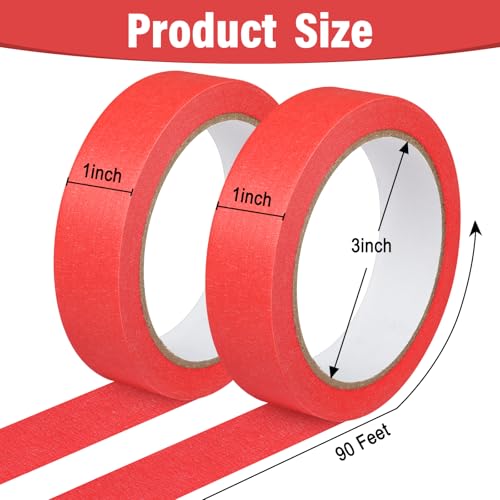 Image of 2 Pack Red Painters Tape - Red Masking Tape 1 Inch Wide - Multi-Surface, Smart Adhesion, Indoor & Outdoor - Paint Tape for DIY, Labeling, Art, Car, General Purpose - 180FT Total