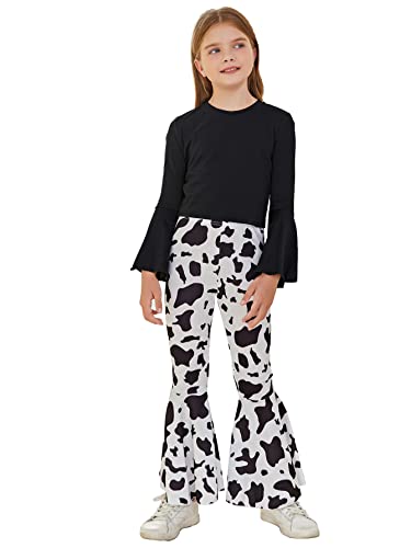 WDIRARA Girl's Long Sleeve Top and Houndstooth Flare Leg Pants Set Cow Print 11-12Y