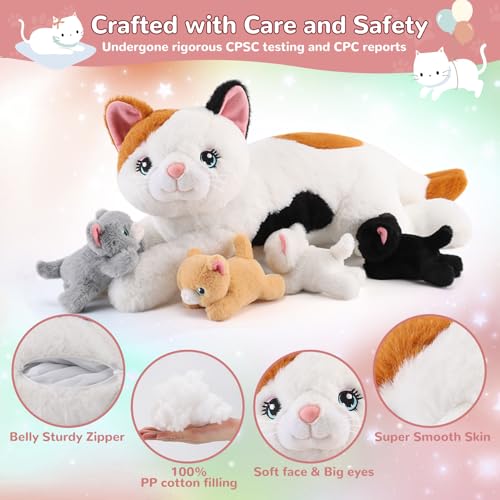 Image of 5 Pieces Cat Stuffed Animals with Babies Inside Belly - 1 Mommy Stuffed Cat with 4 Kittens - Stuffed Kitty Plush Toys for Kids Age 3-8, Gifts Ideal for Christmas, Valentine's, Birthday