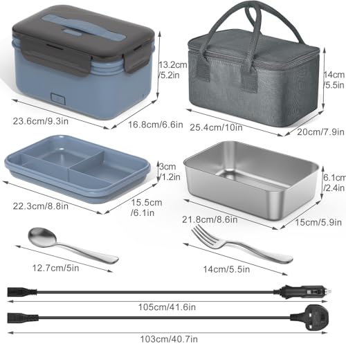 Image of Herrfilk 100W Electric Lunch Box Adults, 1.8L Thermal Lunch Box with Compartments, Heated Lunchbox with 230V Home /Office & 12V 24V Car /Truck Cables, Insulated Lunch Bag, Spoon and Fork, Dark Blue