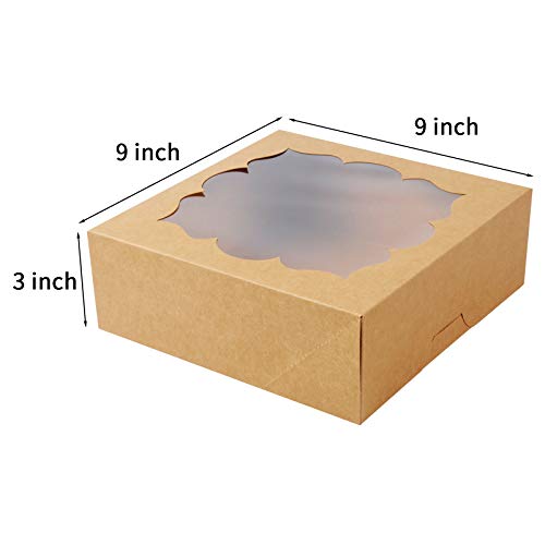 LOKQING 20 PCS Pie Boxes with Window Bakery Boxes and Cookie Boxes for Gift Giving 9x9x3inch(Brown)