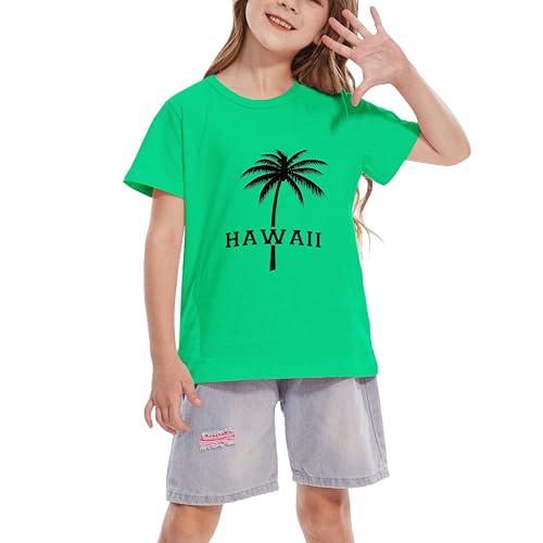 Image of Girls Hawaiian Print Beach T-Shirt Crew Neck Tops Summer Casual Short Sleeve Vacation Tees for Kids Teen 1-14 Years