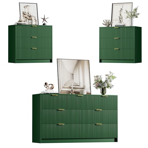 Furniway Green Dresser Bedroom Set 3 Pieces, Nightstands Sets of