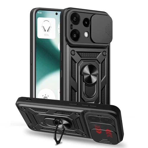 Image of Casodon Heavy Duty Back Case Cover for Nothing Phone 3A Lite 5G, Shockproof Nothing Phone 3A Lite Back Cover, Ring Case with Kickstand and Camera Protection Shutter - Black