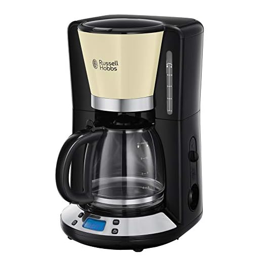 Russell Hobbs Cafetera de Goteo Colours Plus - 15 Tazas, Jarra Cristal 1,5L, Soporte Filtro Extraíble, Tecnología WhirlTech, Cuchara Medidora, Pantalla LCD, Programable, Negro y Crema - 24033-56