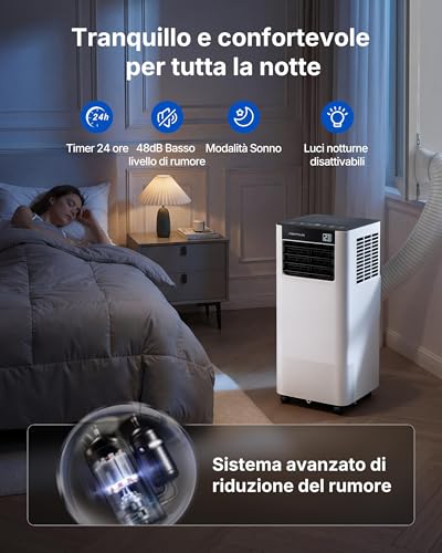 Condizionatore Portatile 7000 BTU, Temprium Climatizzatore Portatile 3-in-1, Controllo tramite App/Telecomando, Kit di Tenuta per Finestra, Timer 24H, Funzionamento Silenzioso <48 dB, Copertura 20 m²