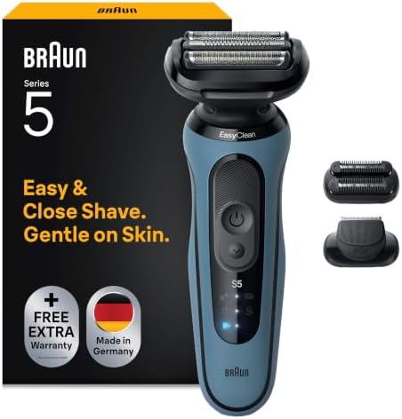 Braun Rasierer Herren Elektrisch Series 5, 52-A1820si, Azurblau | Rasierapparat, Kabelloser Elektrorasierer, Barttrimmer mit 50 Min. Akku, Wasserdicht, Made in Germany, Inkl. 2 Auf