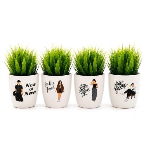 Image of Artificial Plants with Motivational Printed Pots | Mini Fake Plants for Home Decor | Cute Desk Plants for Office Desk, Living Room, Study Table & Balcony Decor | Modern Decorative Planter (Pack of 2)