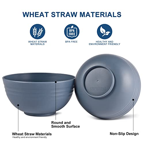 HOTEC Unbreakable Wheat Straw Cereal Bowls - Microwave & Dishwasher Safe Soup and Salad Bowls, Set of 8, 26oz, BPA Free, Classic Blue