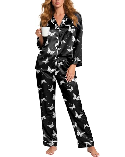 Image of Silky Pajamas for Women 2 Piece Long Sleeve Pj Sets Women's Satin Sleepwear Button Down Loungewear Set