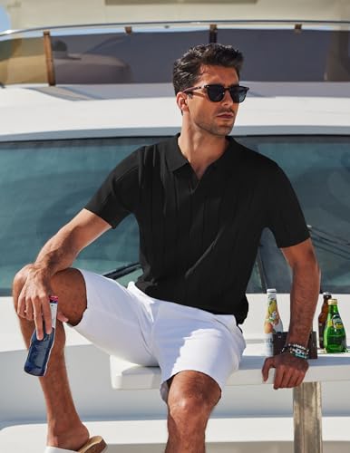 Image of COOFANDY Mens Polo Shirts Short Sleeve V Neck Knit Shirts for Men Casual Old Money Clothes Mens Golf Shirt