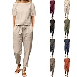 2 Piezas Conjunto Mujer Verano Casual Elegante Lino Y Algodón Chandal Completo Top Y Pantalon Suave Y Cómodo Conjunto Deportivo Cintura Alta Loungewear Manga Corta Diarios Trabajo Playa Vacaciones