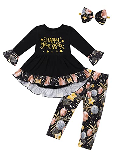 Von kilizo Baby New Years Outfit Toddler Baby Girl Clothes 3-4 T Happy New Years Ruffle Black Long-Sleeve Top + Baby Pants + Baby Headbands 3pcs Toddler Girl Outfits