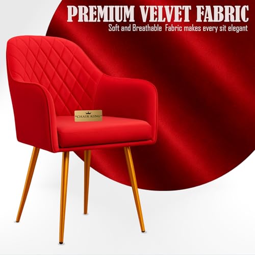 Image of Barfi Velvet Dining Chair | Set of 2 Premium Modern Upholstered Accent Chair with Armrest, Padded Seat and Metal Legs | Comfy Chair for Home, Office & Restaurents | (Red)
