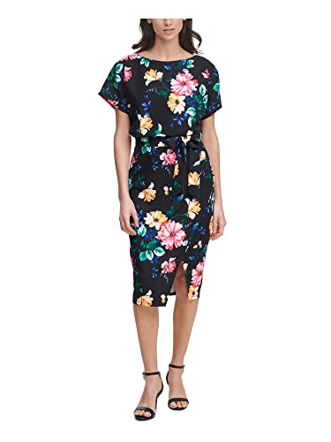Kensie Womens Black Zippered Slitted Tie Waist Floral Short Sleeve Round Neck Below The Knee Wear To Work Sheath Dress 0 #TOP18