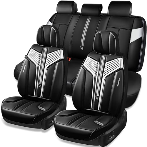 Image of CAR PASS Nappa Leather Seat Covers, Breathable Waterproof Car Seat Covers Full Set, Luxury Leather Front and Back Seats Full Coverage, Universal Fit SUV Pick-up Truck Sedan Automotive(Black Sliver)