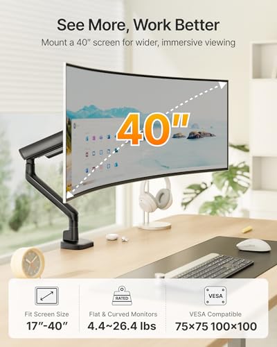 Image of monTEK Mechanical Spring Single Monitor Arm for 27 32 34 40in Screens | Black, Built-in One-Way Bearing, Holds 26.4 lbs, VESA 75 /100mm, C-Clamp /Grommet Base & Cable Management, Office, Home, Game