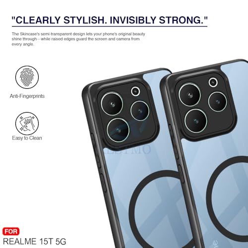 Image of AESTMO Realme 15T 5G Back Cover | 360 Protection | Crystal Clear Hard Back Transparent | Compatible with MagSafe Accessories (PC+TPU, Black Bumper)