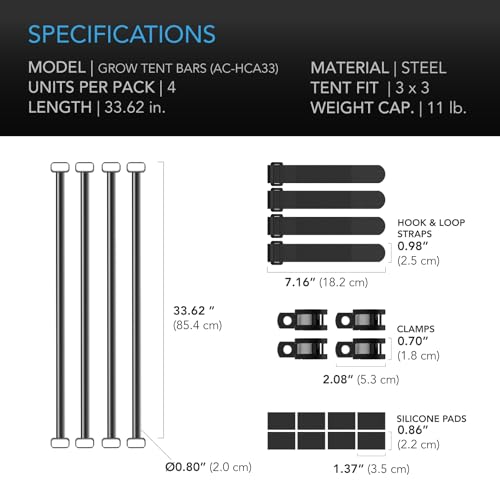AC Infinity Heavy-Duty Grow Tent Mounting Bars 3x3\', High Airflow CFM Kit Prevents Walls from Sucking in, Trellis and Supplemental Lights Mounting for All 3x3 Indoor Grow Tents