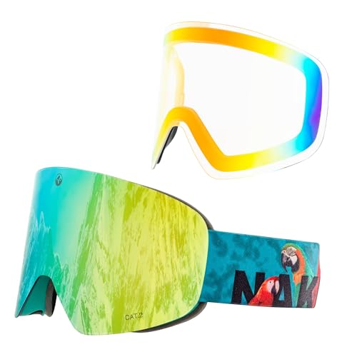 NAKED Optics Skibrille Männer, Ski Brille Frauen, Snowboardbrille (TROOP EVO PapageiL, inkl. Schlechtwetterglas)